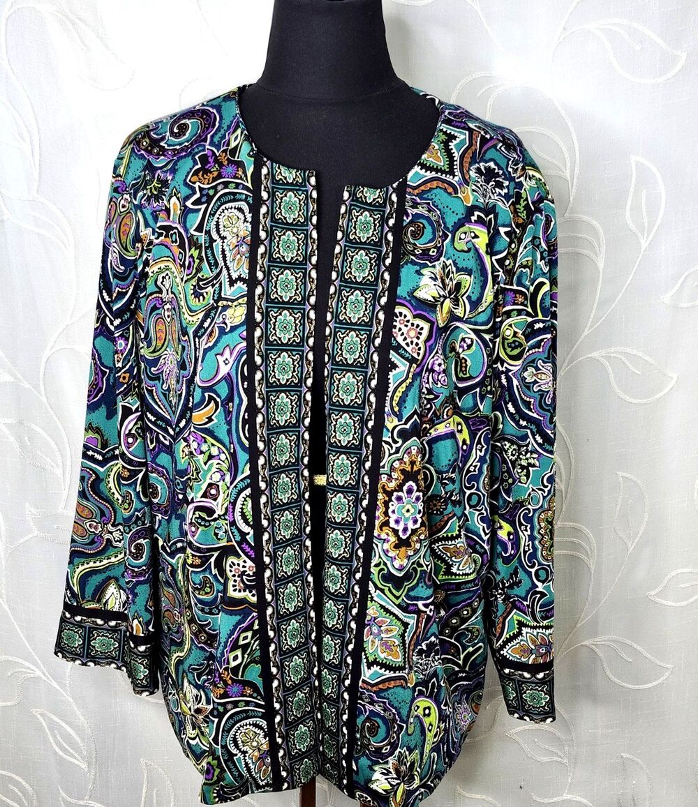 Joan Rivers Jacket Womens 1X Jewel Tone Print Open Front Lined Cardigan Blazer